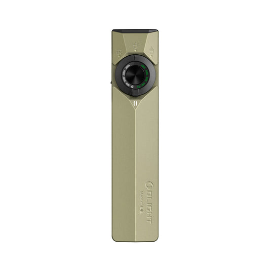 OD Green Olight ArkPro Ultra flashlight, front view with selector dial