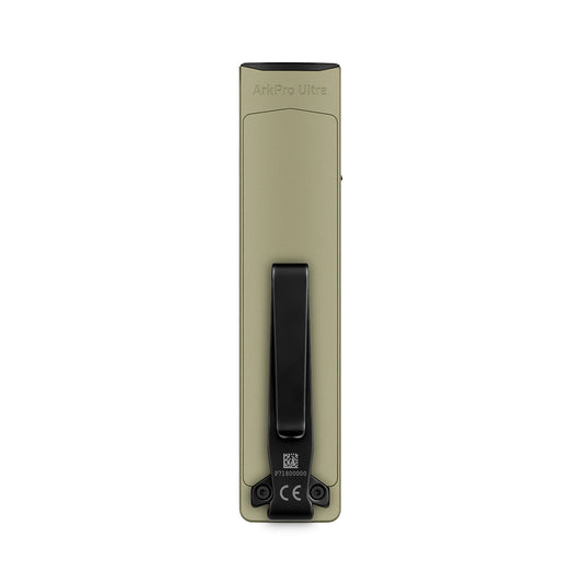 OD Green Olight ArkPro Ultra flashlight, rear view with pocket clip