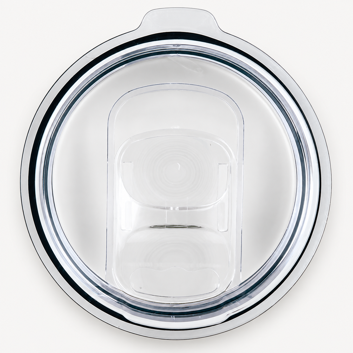 Top view of the clear coffee mug lid showing its sliding closure and black perimeter gasket.