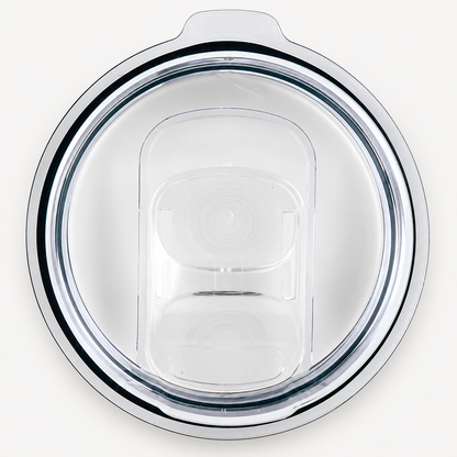 Top view of the clear coffee mug lid showing its sliding closure and black perimeter gasket.