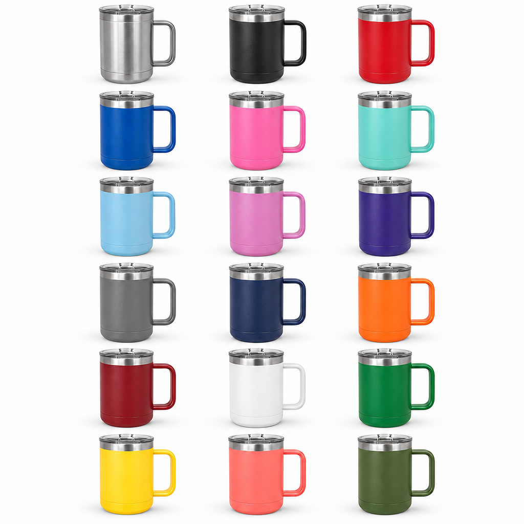 Eighteen coffee mug finishes arranged in rows, with matching handles, stainless rims and clear lids.
