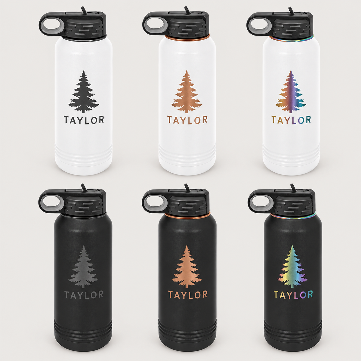 White and black bottles comparing dark, copper, and rainbow engraving; Each featuring TAYLOR and an evergreen tree.