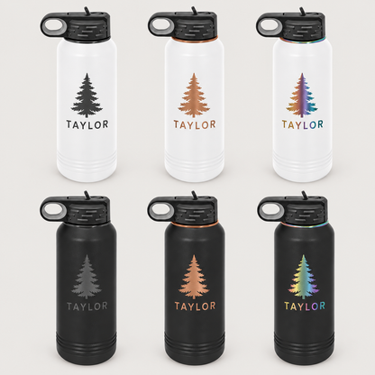 White and black bottles comparing dark, copper, and rainbow engraving; Each featuring TAYLOR and an evergreen tree.