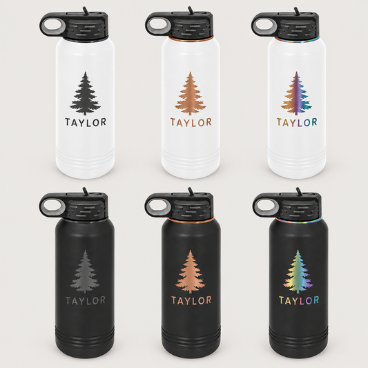 White and black bottles comparing dark, copper, and rainbow engraving; Each featuring TAYLOR and an evergreen tree.