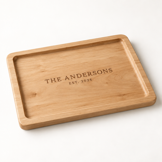Personalized alder wood serving tray engraved with The Andersons family name