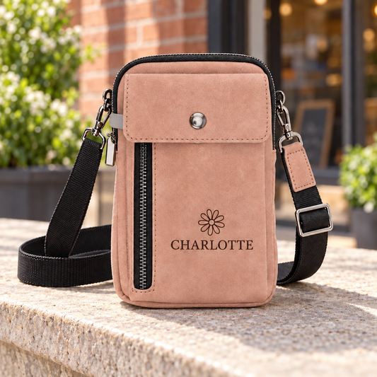 Blush pink Creekside Urban leatherette crossbody bag with CHARLOTTE and a daisy design, a black adjustable strap and silver hardware, on a stone ledge.