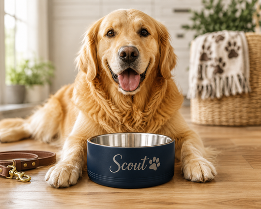 A golden retriever lies on a wooden floor in a bright indoor setting, with a navy blue personalized pet bowl in front of it. The bowl has the name 'Scout' and a paw print printed on the front.