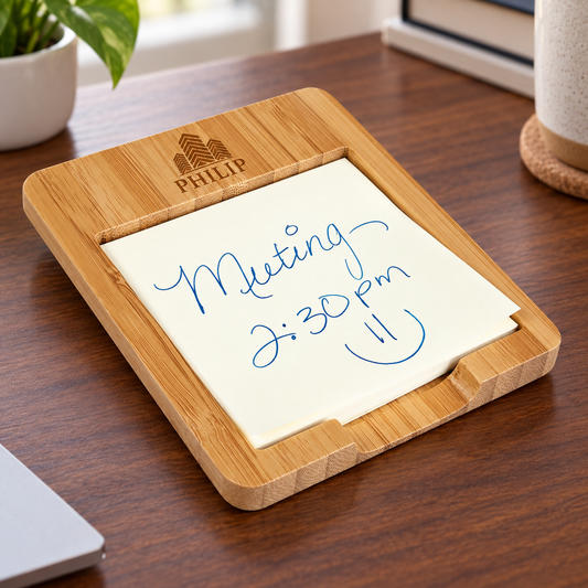 Bamboo sticky-note holder with dark PHILIP engraving above the note opening.