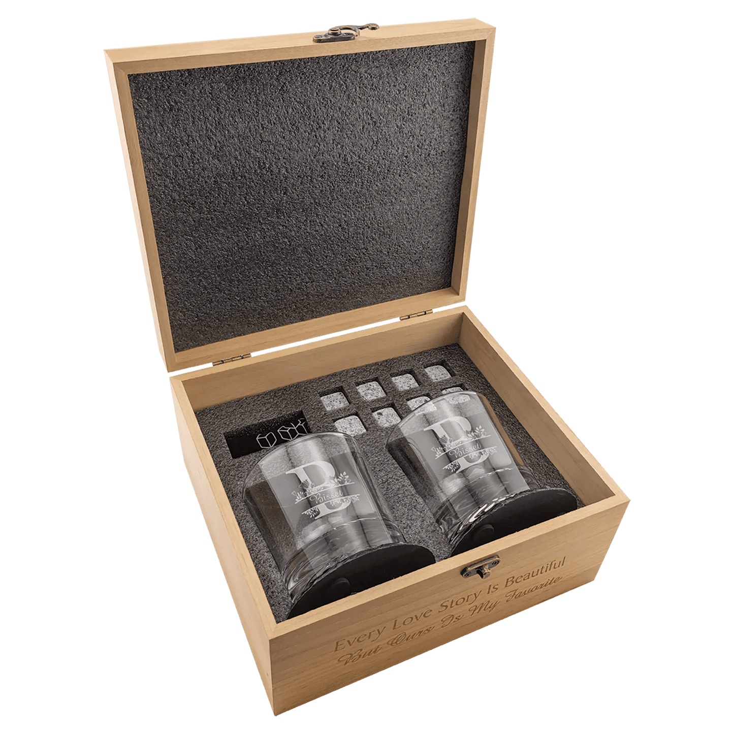 Premium Custom Etched Red Alder Whiskey Set with Slate Coasters and Granite Stones - Smalltown Connetchin