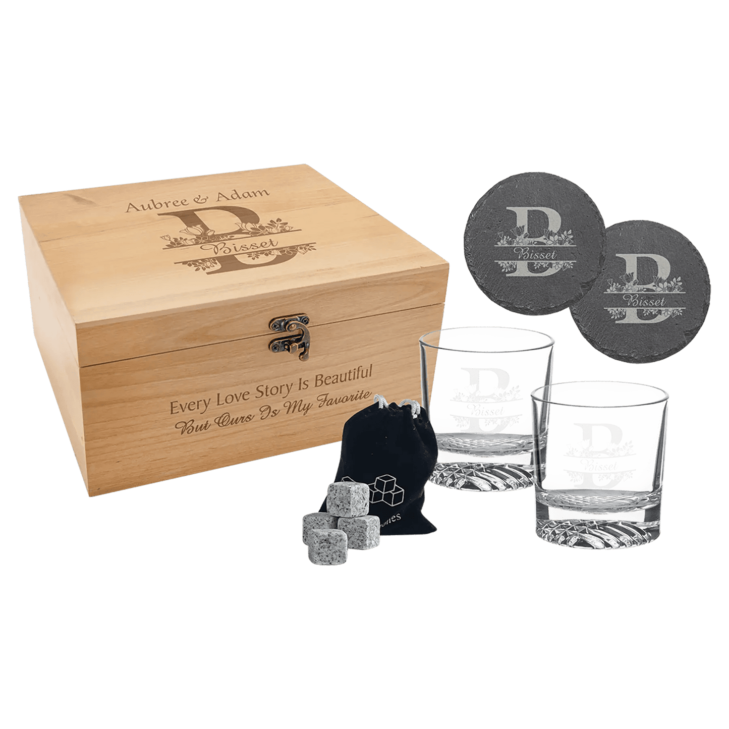 Premium Custom Etched Red Alder Whiskey Set with Slate Coasters and Granite Stones - Smalltown Connetchin