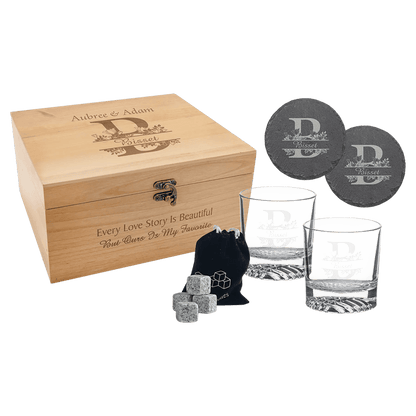 Premium Custom Etched Red Alder Whiskey Set with Slate Coasters and Granite Stones - Smalltown Connetchin