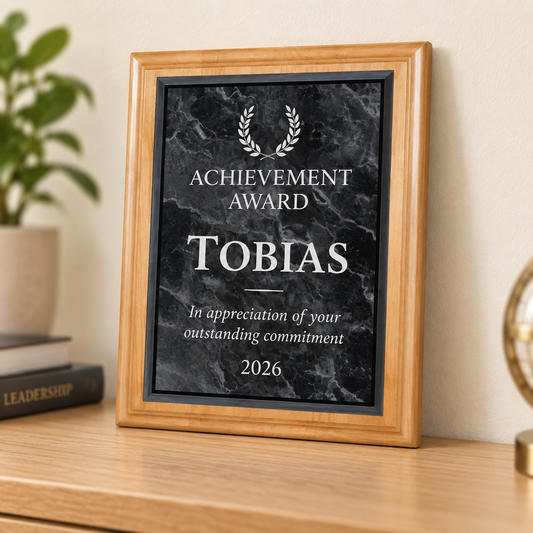 Black marble acrylic plate on genuine red alder plaque with sample Tobias engraving