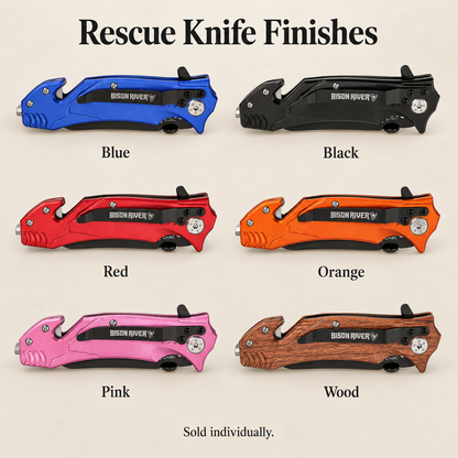 A product information graphic titled 'Rescue Knife Finishes' showing six color options for a folding rescue knife: blue, black, red, orange, pink, and wood grain. Each knife is labeled with its color name, and the text 'Sold individually.