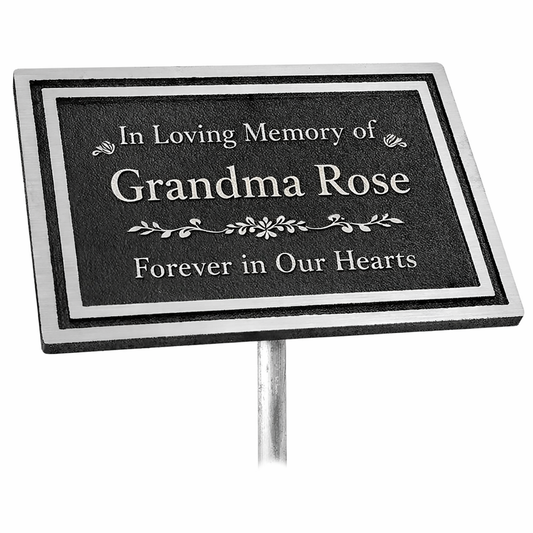 Custom Etched Cast Aluminum Rectangle Sign - Silver / Black - Ground Sign Stake