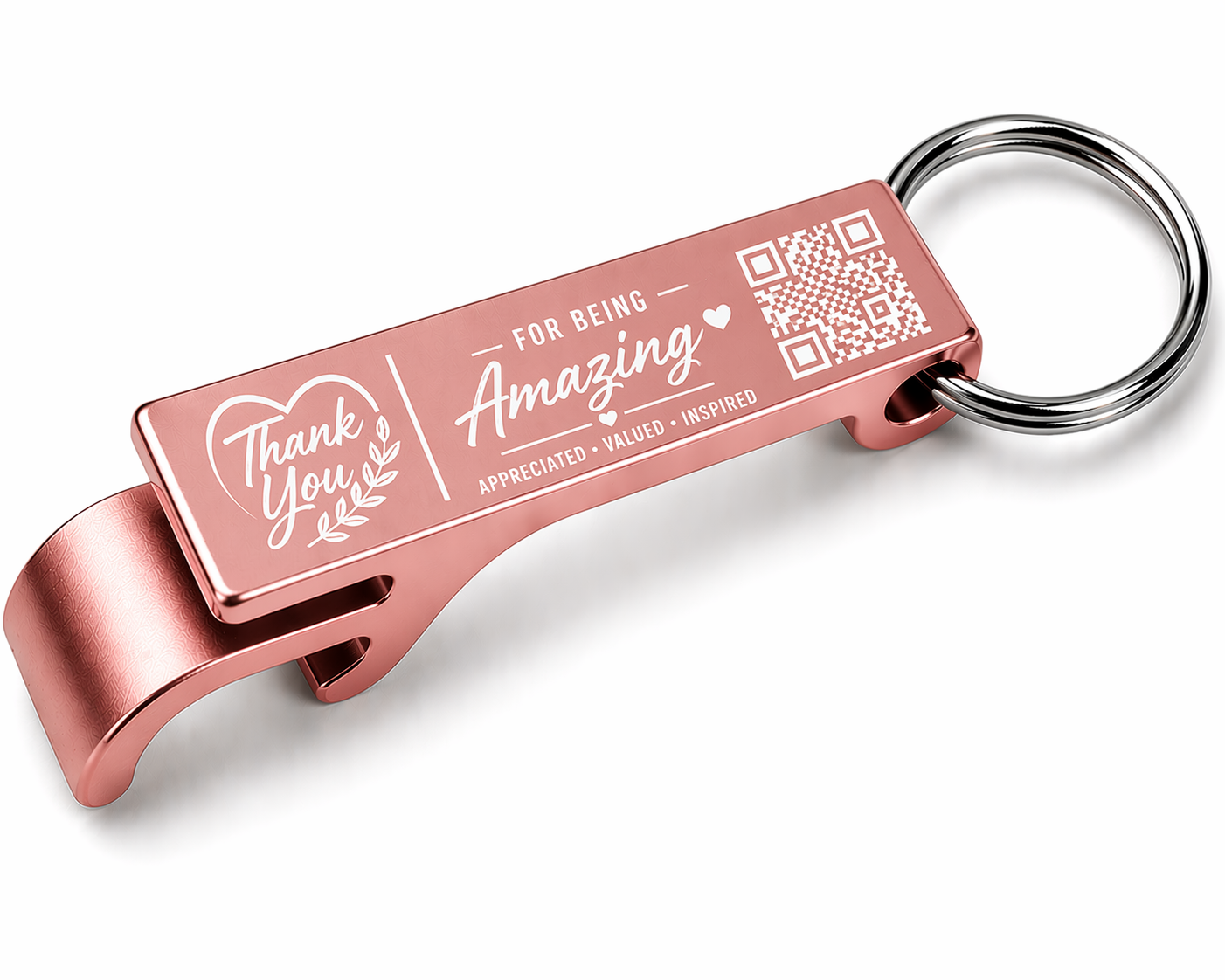 Rose gold bottle opener keychain with engraved text on a white background