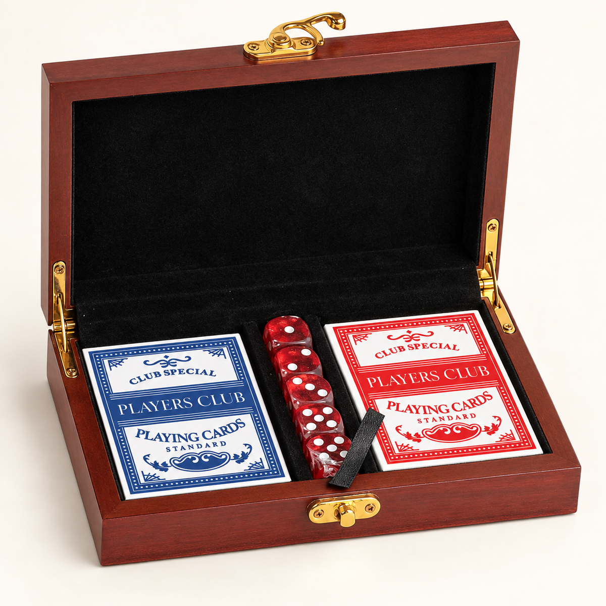 A wooden presentation box with a black velvet interior, shown open on a light background. Inside are two playing card decks labeled 'Players Club' and a small stack of red dice.