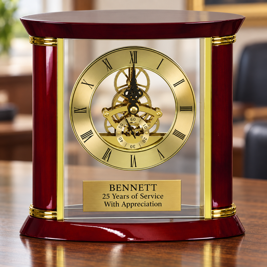 A personalized wooden keepsake clock with a polished dark red body, gold trim, and a clear glass front showing a gold skeleton dial with gears. The bottom features a gold plaque engraved with the name 'BENNETT' and '25 Years of Service With Appreciation'.