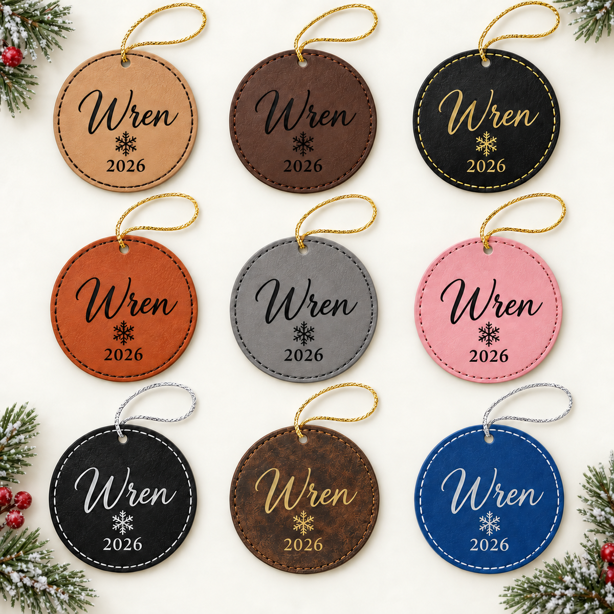 Set of nine assorted-color round leatherette ornaments engraved with one shared Wren 2026 design