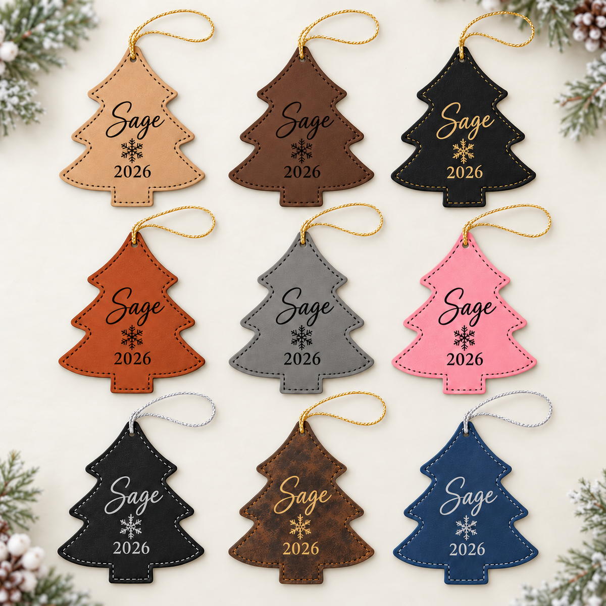 Set of nine assorted-color tree leatherette ornaments engraved with one shared Sage 2026 design