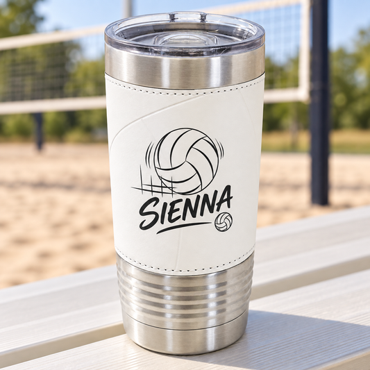 White volleyball-style 20 oz tumbler with black SIENNA engraving and clear slider lid.