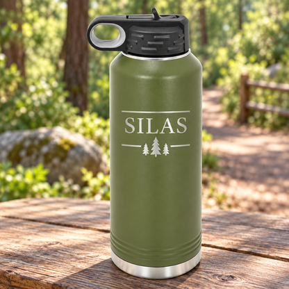 Olive Green 40 oz Polar Camel water bottle with flip-top straw lid and SILAS tree engraving.