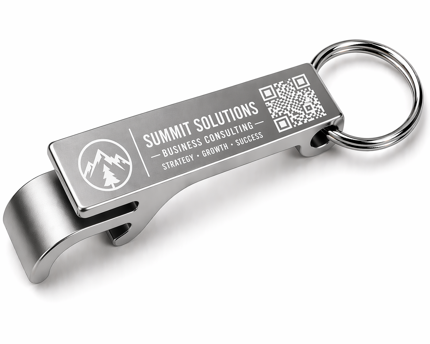 Metal keychain with bottle opener and Summit Solutions branding on a white background