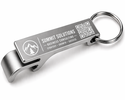 Metal keychain with bottle opener and Summit Solutions branding on a white background