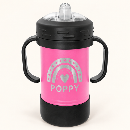 Pink 10 oz insulated sippy cup with silver POPPY rainbow engraving, black handles and clear spout.