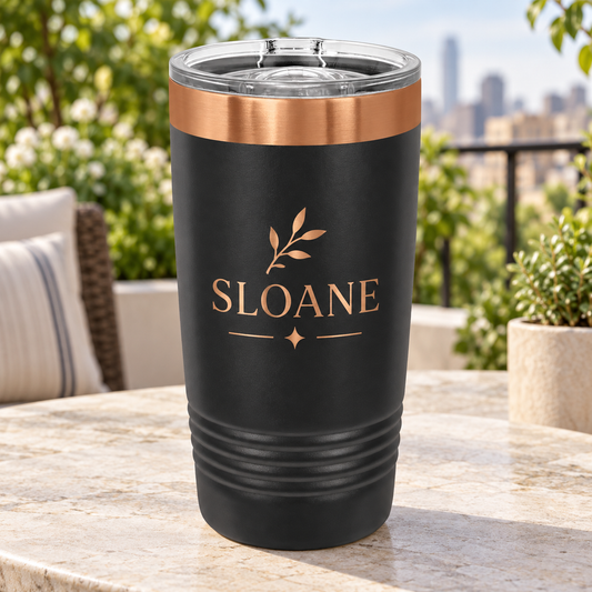 Personalized 20 oz Ion Plated Ringneck Tumbler — Black/Rose Gold — SLOANE