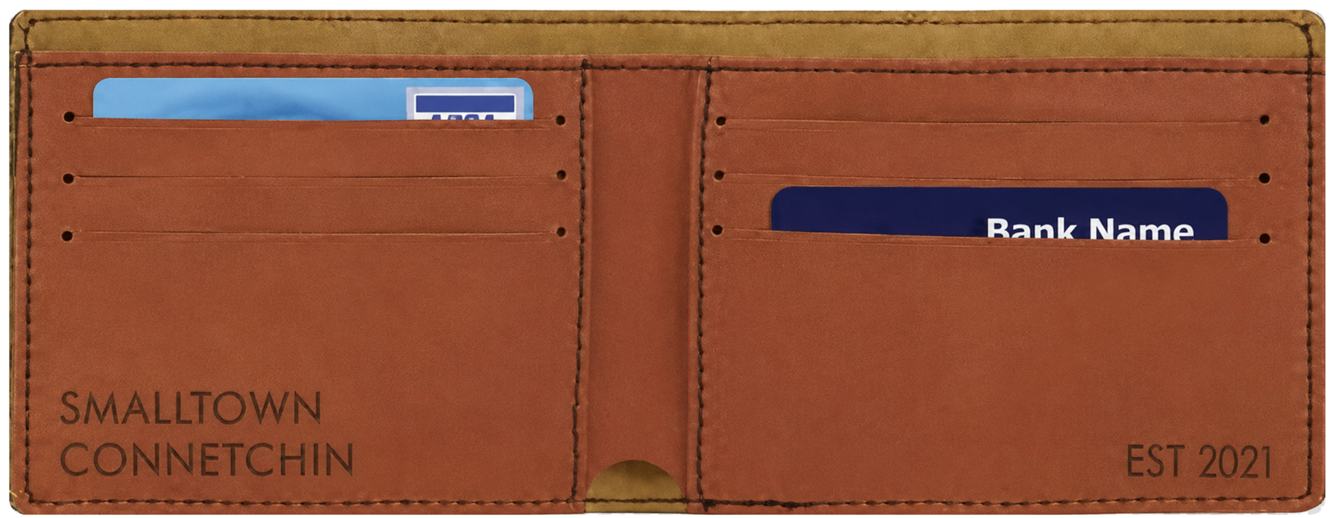 A brown leather bifold wallet shown open, with card slots and a cash pocket. The left side is printed with 'SMALLTOWN CONNETCHIN' and the right side is printed with 'EST 2021'.