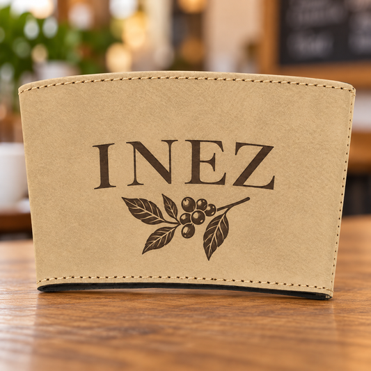 Light Brown leatherette cup sleeve with dark INEZ botanical engraving and stitched borders.