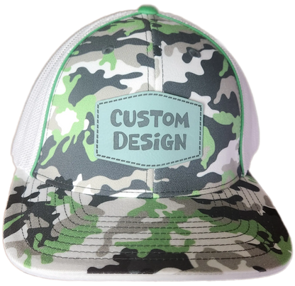 Custom Patch - Pacific Headwear Glamo Mesh Flex Fit Trucker Cap - GREEN/WHITE/BLACK/CAMO