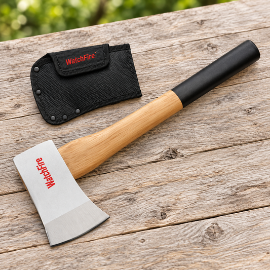 A small axe with a light wood handle, black handle end, and silver metal head printed with the red WatchFire logo, shown on a rustic wooden surface next to a black nylon sheath with a matching WatchFire label.