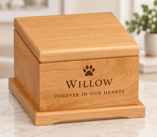 Personalized Red Alder Pet Urn — 3 1/4 inch, removable laserable lid — WILLOW personalized example