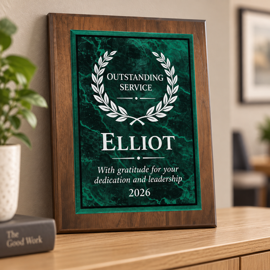 Green marble acrylic plate on genuine walnut bevel edge plaque with sample Elliot engraving