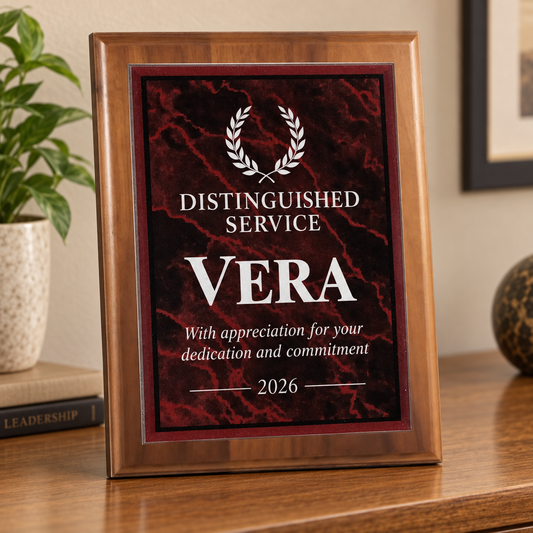 Walnut step-edge plaque with red marble acrylic plate and sample Vera engraving